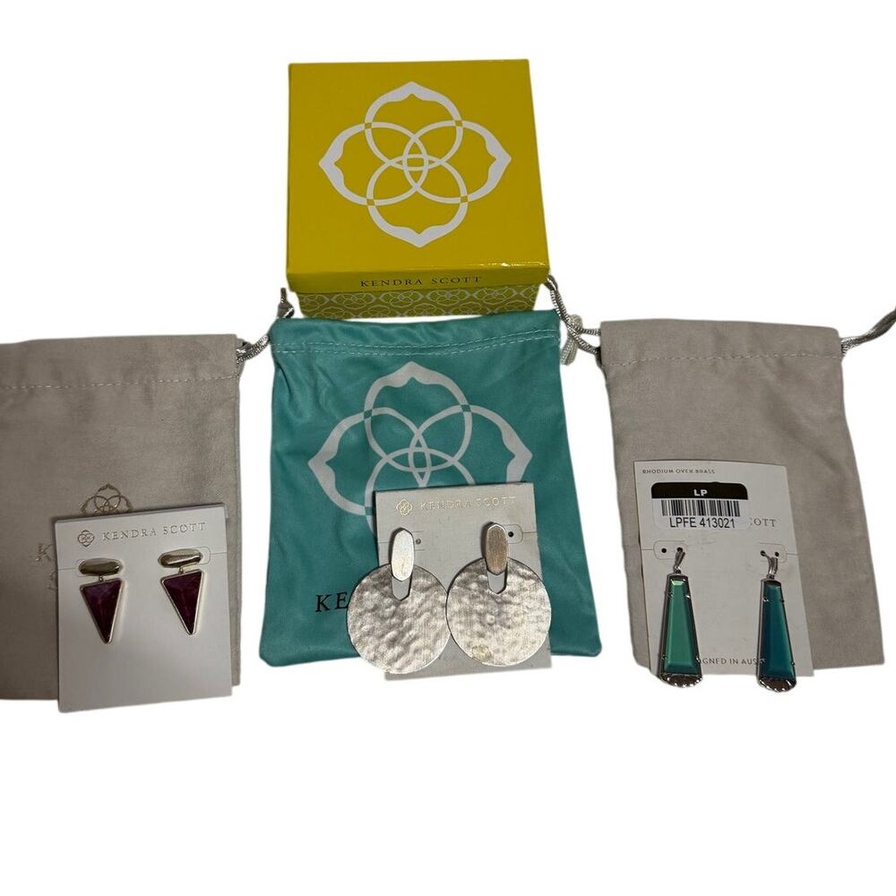 3 New Kendra Scott Earrings, Purple Gold/Silver Didi coin turquoise blue bag box